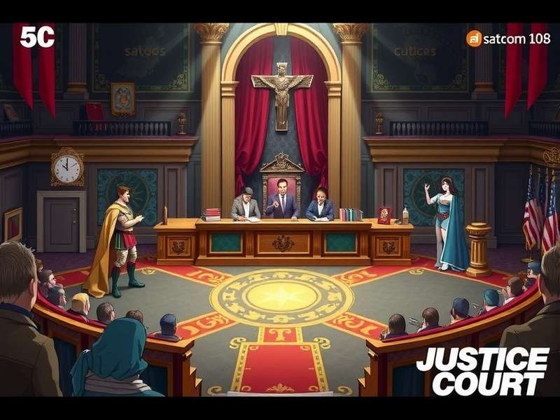 Concept art of a dystopian courthouse interior with broken pillars and overgrown plants, representing Crazy Justice's Justice Court