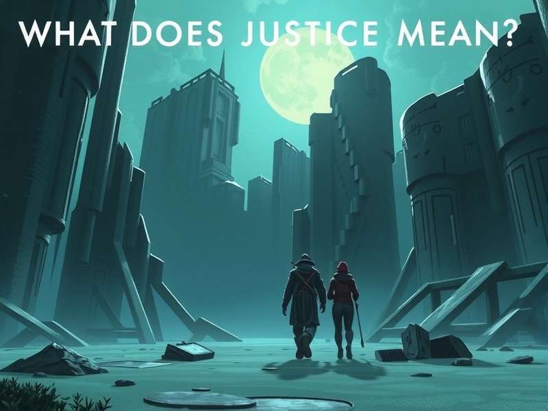 Crazy Justice character holding scales of justice in a futuristic battlefield