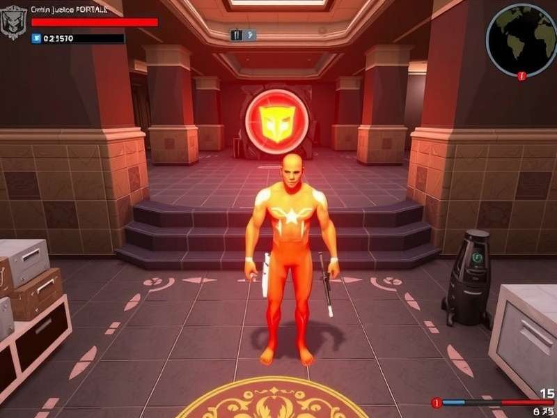 Crazy Justice gameplay action scene with character wielding a mystical gavel in a neon-lit courtroom