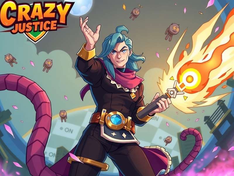 Crazy Justice Artist gameplay poster showing a vigilante artist character in a neon dystopian city
